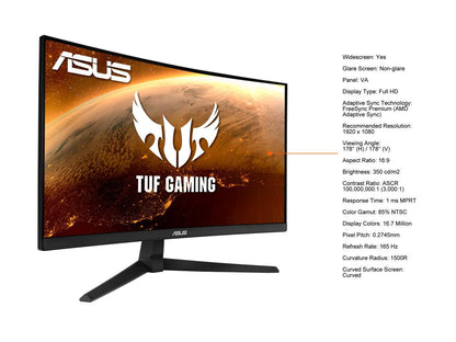 ASUS TUF Gaming 24" (23.8" viewable) 1080P Curved Gaming Monitor (VG24VQ1B) - Full HD, 165Hz (Supports 144Hz), 1ms, Extreme Low Motion Blur, Speakers, Adaptive-sync/FreeSync Premium, Eye Care, DisplayPort, HDMI