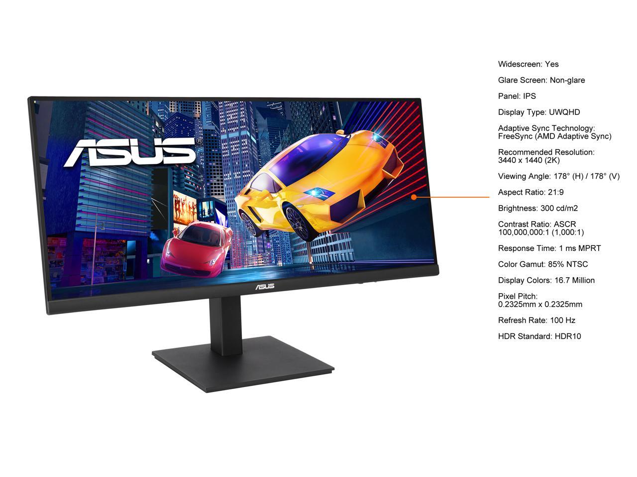 ASUS 34" Ultrawide HDR Gaming Monitor (VP349CGL) - 21:9 UWQHD (3440 x 1440), IPS, 100Hz, 1ms, USB-C w/ Power Delivery, FreeSync, Eye Care Plus, VESA Mountable, HDMI, DisplayPort, Height Adjustable