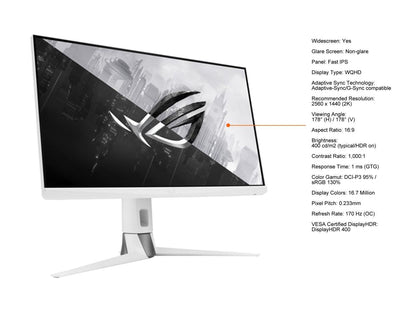 ASUS ROG Strix XG27AQ-W 27" 1440P HDR Gaming Monitor - White, QHD (2560 x 1440), Fast IPS, 170Hz, 1ms, Extreme Low Motion Blur Sync, G-SYNC Compatible, Eye Care, HDMI, DisplayPort, USB, DisplayHDR400