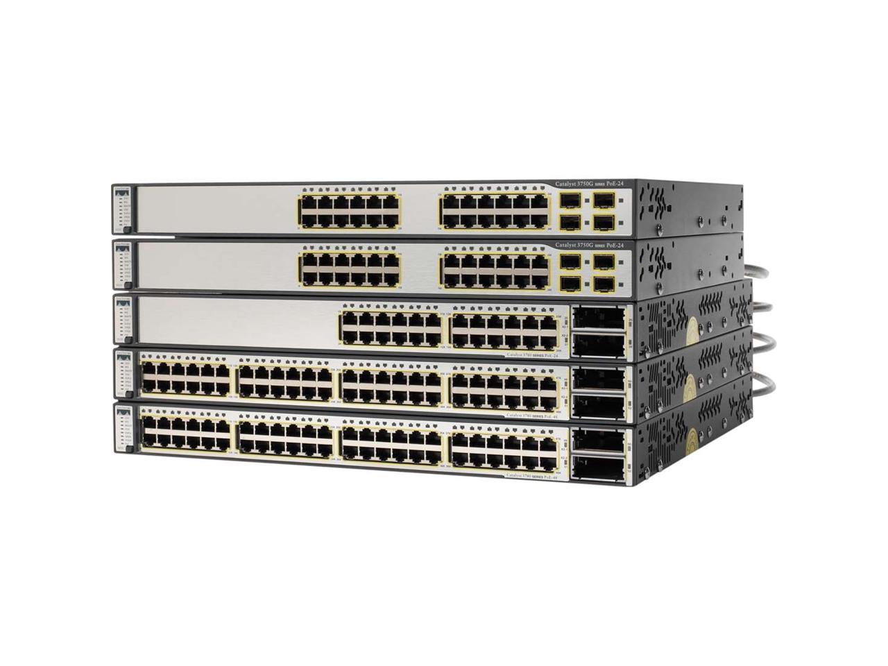 CISCO Catalyst 3750 WS-C3750G-12S-S 10/100/1000Mbps Switch 12 SFP-based Gigabit Ethernet ports Up to 12,000 MAC Address Table 128 MB DRAM and 16 MB Flash memory Buffer Memory