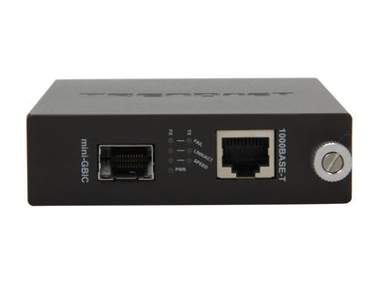 TRENDnet TFC-1000MGA 100/1000BASE-T to SFP Media Converter 1 x 10/100/1000Mbps Gigabit port 1 x 100/1000Base-SX/LX Mini-GBIC slot for optional Mini-GBIC modules