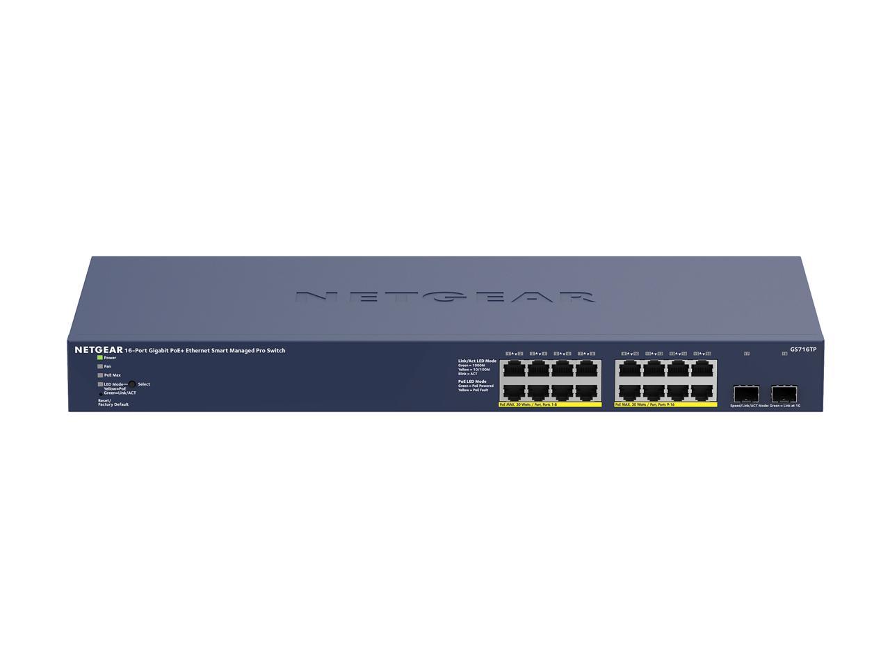 NETGEAR 16-port Gigabit Ethernet PoE+ Smart Switch with 2 SFP Ports and Cloud Management (GS716TP)