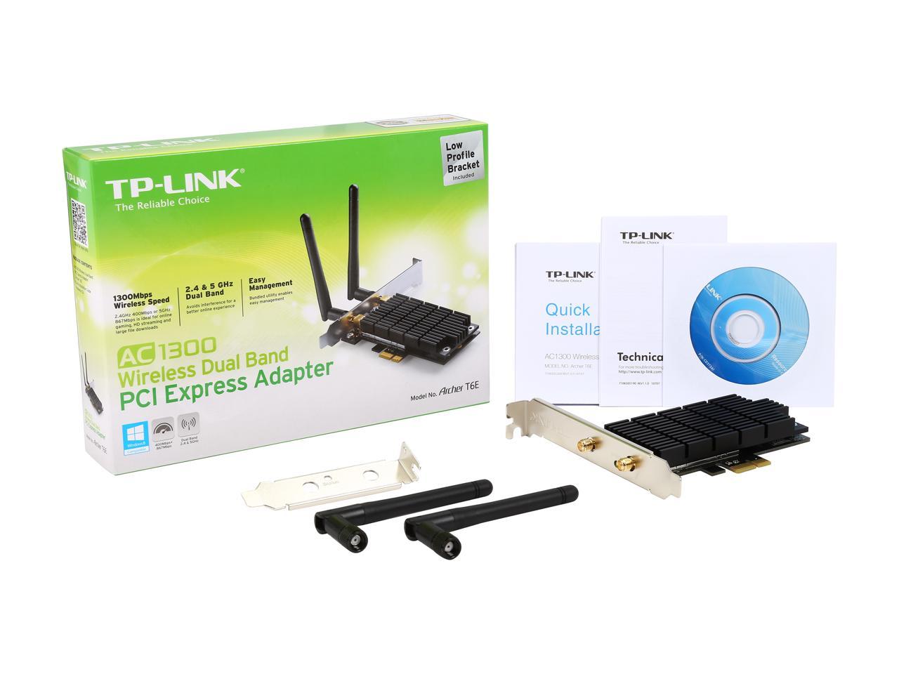 TP-Link Archer T6E AC1300 Wireless Dual Band PCI Express Adapter IEEE 802.11ac / n / a 5GHz, IEEE 802.11b / g / n 2.4GHz PCI Express 867 Mbps at 5 GHz 400 Mbps at 2.4 GHz Wireless Data Rates