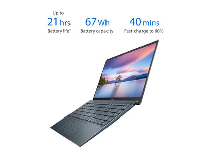 ASUS ZenBook 14 Ultra-Slim Laptop 14" Full HD NanoEdge Display, Intel Core i5-1135G7, 8GB RAM, 512GB PCIe SSD, NumberPad, Thunderbolt 4, Windows 10 Home, AI Noise-cancellation, Pine Grey, UX425EA-EH51