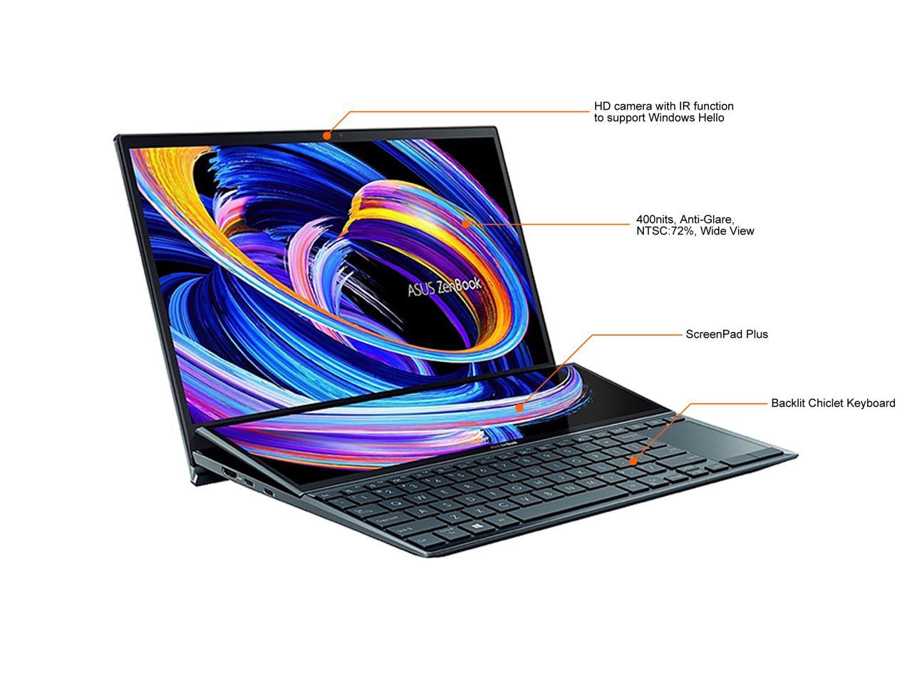 ASUS ZenBook Duo 14 UX482 14â€? FHD NanoEdge Touch Display, Intel Evo Platform, Core i7-1195G7, 8GB RAM, 512GB PCIe SSD, Innovative ScreenPad Plus, Windows 11 Home, Celestial Blue, UX482EAR-DH71T