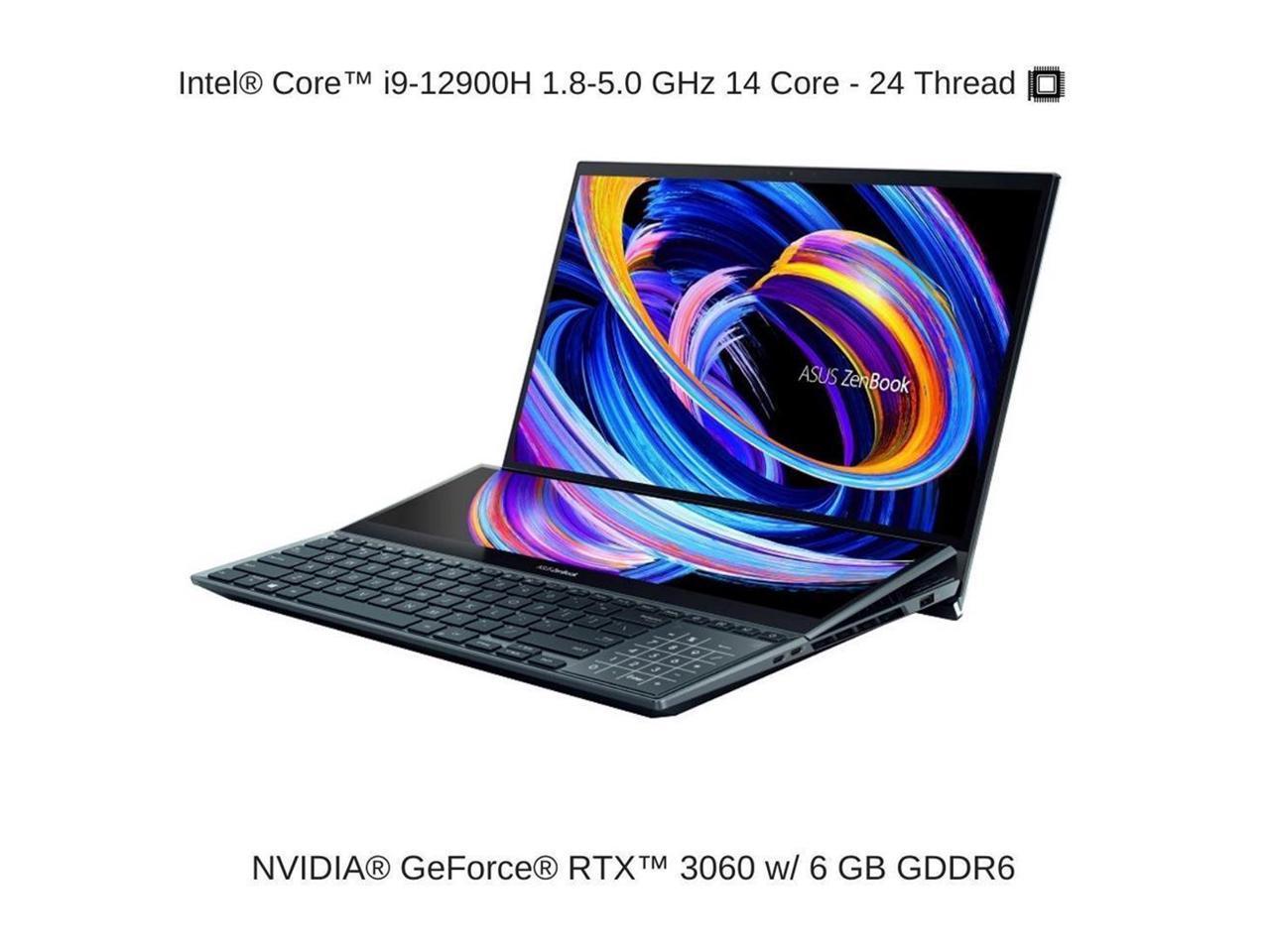 ASUS Laptop ZenBook Pro Duo Intel Core i9 12th Gen 12900H (2.50GHz) 32GB Memory 1 TB PCIe SSD NVIDIA GeForce RTX 3060 Laptop GPU 15.6" 4K / UHD Touchscreen Windows 11 Pro 64-bit UX582ZM-XS99T