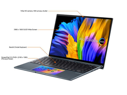 ASUS ZenBook 14X OLED Laptop, 14" 2.8K 16:10 Touch Display, Intel Core i7-1260P CPU, NVIDIA GeForce MX550, 16GB RAM, 512GB SSD, Windows 11 Home, Pine Grey, UX5400ZB-DB74T