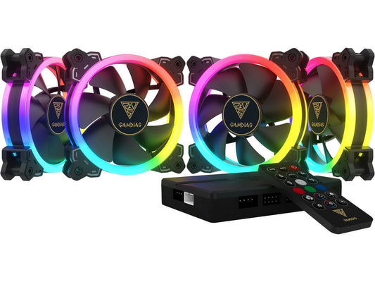 GAMDIAS AEOLUS M1-1204R 120MM RGB 4 in 1 Fan Pack with Controller and Remote, 4-Pack.