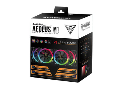 GAMDIAS AEOLUS M1-1204R 120MM RGB 4 in 1 Fan Pack with Controller and Remote, 4-Pack.