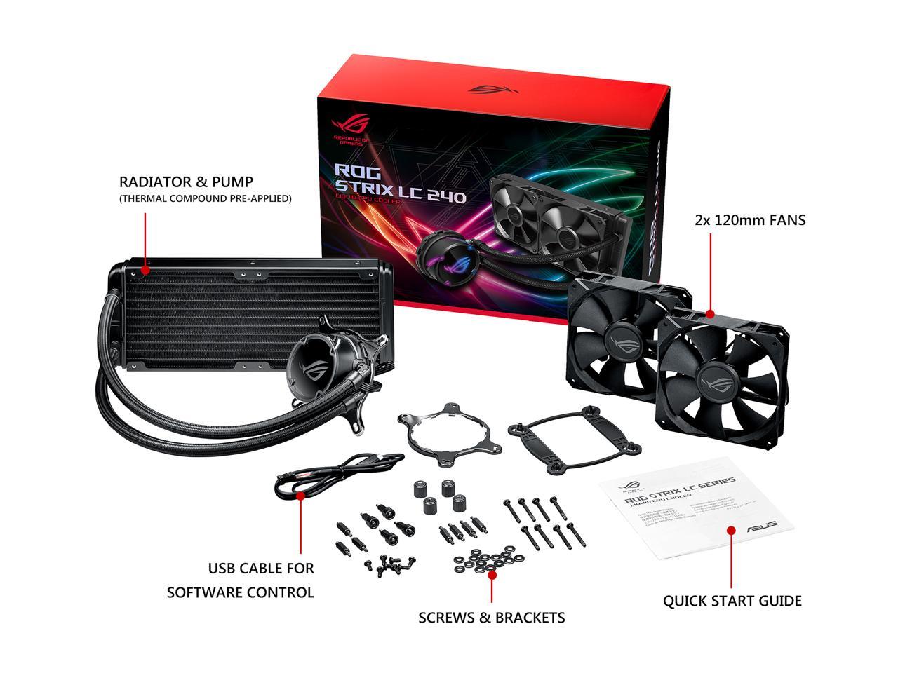 ASUS ROG Strix LC 240 AIO Liquid CPU Cooler 240mm Radiator, Dual 120mm 4-pin PWM Fans with FanXpert Controls, Support for Intel and AMD Motherboards