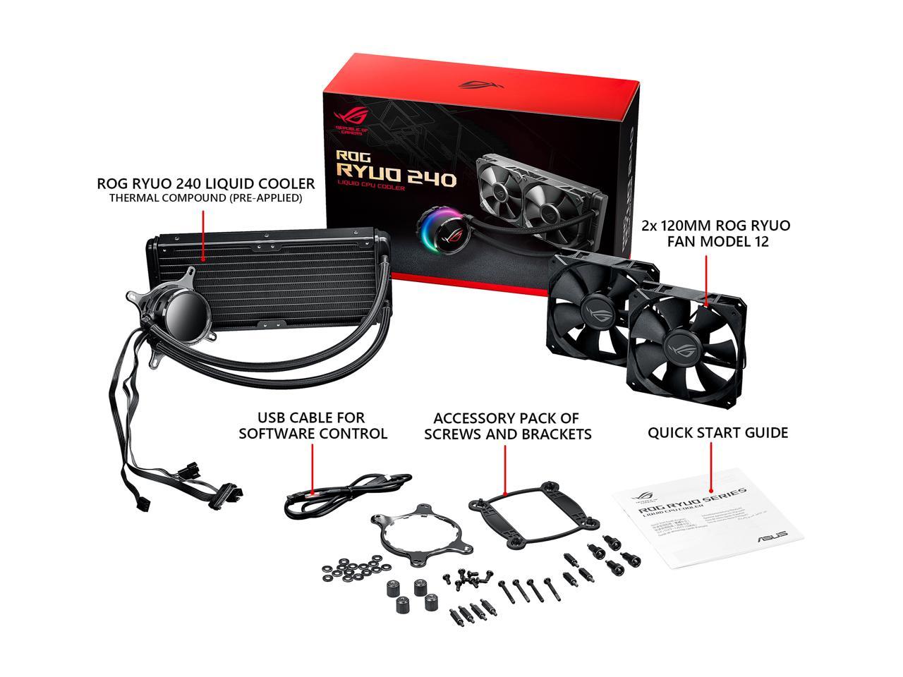 ASUS ROG Ryuo 240 RGB AIO Liquid CPU Cooler 240mm Radiator (Dual 120mm 4-pin PWM Fans) with LIVEDASH OLED Panel and FanXpert Controls, 90RC0040-M0AAY0