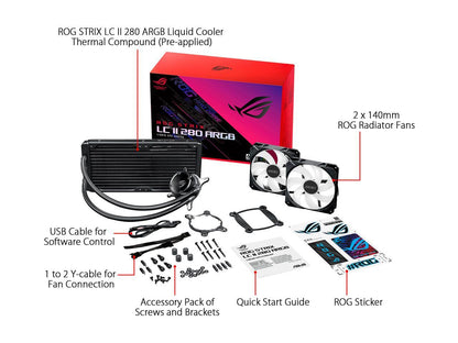 ASUS ROG Strix LC II 280 ARGB all-in-one liquid CPU cooler(AIO) with Aura Sync, AMD AM4/TR4, and Intel LGA 1150/1151/1155/1156/1200/2066 support, dual ROG 140 mm addressable RGB radiator fans