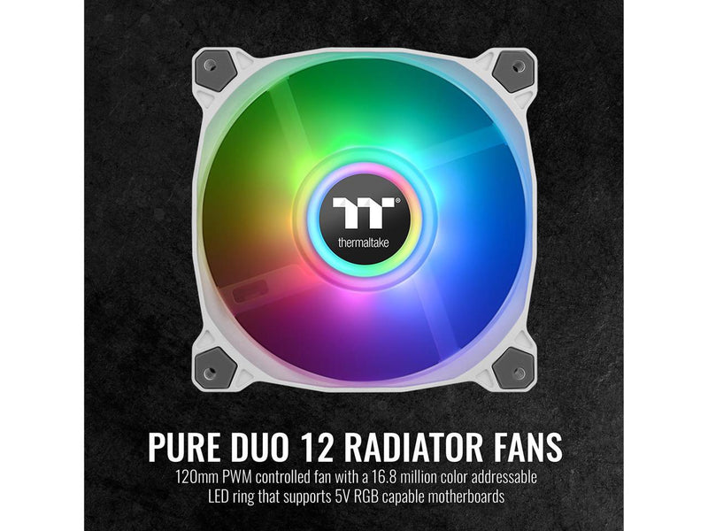 Thermaltake Pure Duo 120mm 16.8 Million RGB Color 5V ARGB Motherboard Sync 2 Light Rings 18 Addressable LED 9 Blades Hydraulic Bearing White Case/Radiator Fan (Dual Pack) CL-F097-PL12SW-B