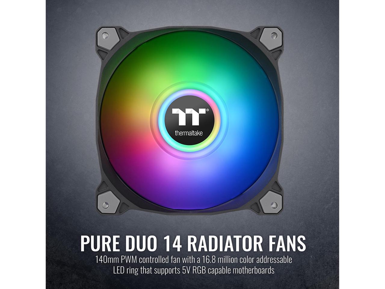 Thermaltake Pure Duo 140mm 16.8 Million RGB Color 5V ARGB Motherboard Sync 2 Light Rings 18 Addressable LED 9 Blades Hydraulic Bearing Case/Radiator Fan (Dual Pack) CL-F116-PL14SW-B