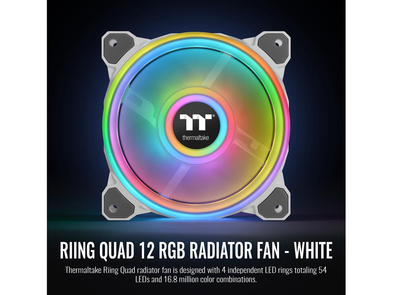 Thermaltake Riing Quad 120mm 16.8 Million RGB Color (Alexa, Razer Chroma) Software Enabled 4 Light Rings 54 Addressable LED 9 Blades Hydraulic Bearing White Case/Radiator Fan, Single Pack, CL-F100-PL12SW-C