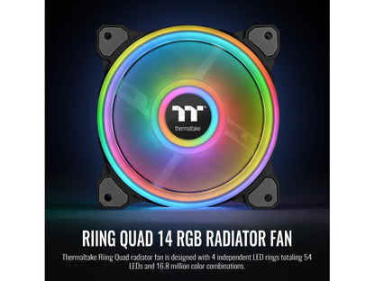 Thermaltake Riing Quad 140mm 16.8 Million RGB Color (Alexa, Razer Chroma) Software Enabled 4 Light Rings 54 Addressable LED 9 Blades Hydraulic Bearing Case/Radiator Fan, Single Pack, CL-F089-PL14SW-C