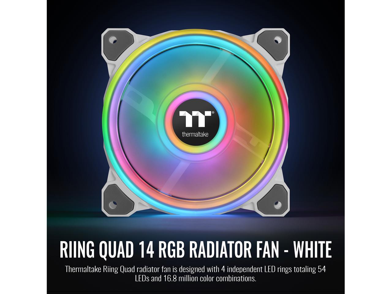 Thermaltake Riing Quad 140mm 16.8 Million RGB Color (Alexa, Razer Chroma) Software Enabled 4 Light Rings 54 Addressable LED 9 Blades Hydraulic Bearing White Case/Radiator Fan, Single Pack, CL-F101-PL14SW-C