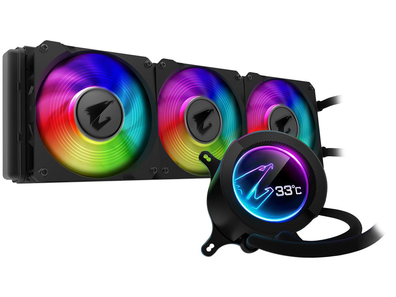 AORUS RGB Liquid Cooler 360 Windforce Radiator Triple 120mm 360mm PWM Fans Customizable Full Color LCD Display Advanced RGB Lighting and Control both AMD AM4, TR4 and Intel 115X/2066