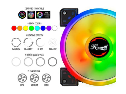 Rosewill RGBF-S12003 (3-Pack) 120mm Addressable RGB Fans and 8-Port Hub Set, Dual Ring True RGB LED, Ultra Quiet Cooling with Long Life Rifle Bearings