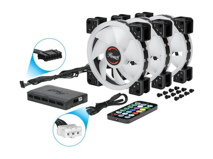 Rosewill RGBF-S12003 (3-Pack) 120mm Addressable RGB Fans and 8-Port Hub Set, Dual Ring True RGB LED, Ultra Quiet Cooling with Long Life Rifle Bearings