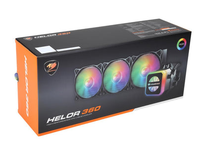 COUGAR Helor 360, RL-HLR360-V1, Liquid CPU Cooler, 360 mm, with 3 Vortex Omega 120 mm Fans. Addressable RGB, Core Box v2 and a Remote Controller.
