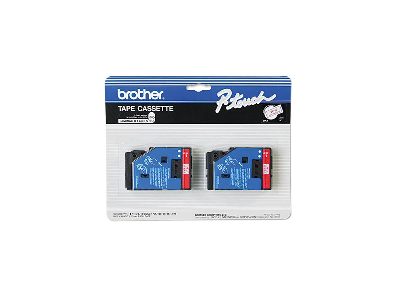 Brother TC11 P-touch Laminated Tape, 2 pk 12mm (0.47") Red on Clear tape for P-Touch 7.7m (25.2 ft) each