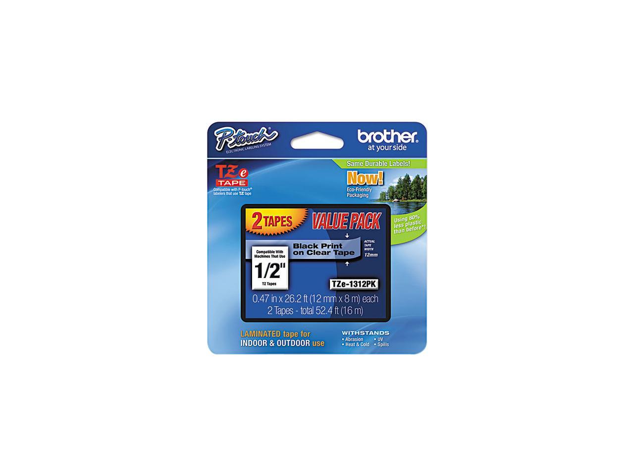 Brother TZE1312PK P-Touch TZ Series Tape, 0.5"w, Black on Clear,2/Pack