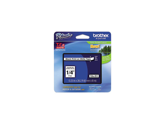 Brother TZE211 TZ Label Tape Cartridge 0.25" Width x 26 ft Length - 1 Each - White