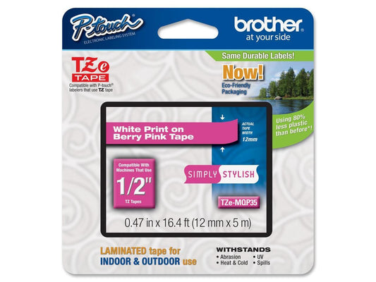 Brother TZEMQP35 12 mm (0.47") White on Berry Pink tape for P-touch 5 m (16.40 ft.)