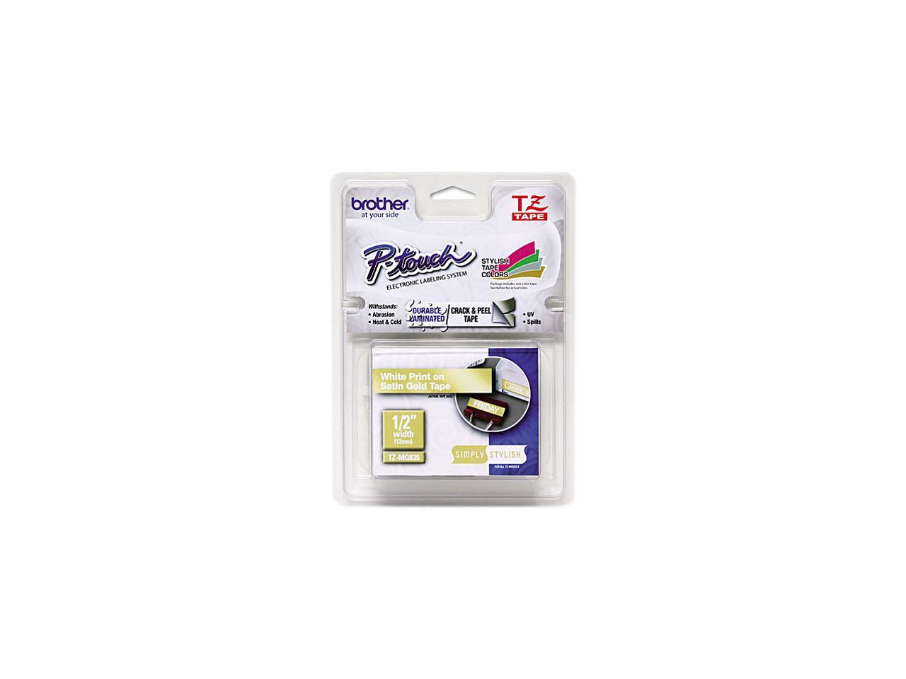 Brother TZEMQ835 12 mm (0.47") White on Satin Gold tape for P-touch 5 m (16.40 ft.)