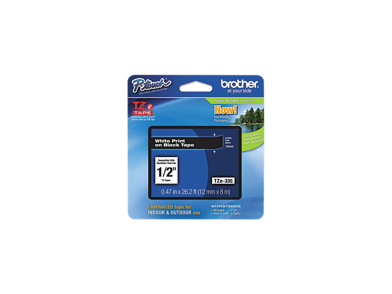 Brother TZE335 P-touch Laminated Tape, 12mm (0.47") White on Black tape for P-Touch 8m (26.2 ft)