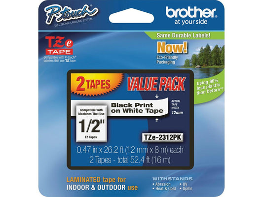 Brother TZE2312PK Black Print on Premium White Laminated Tape for P-touch Label Maker, 12mm (0.47") wide x 8m (26.2') long - 2/Pack