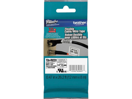 Brother TZE-FX231 Black on White Flexible ID Tape for P-touch Label Printer, 12 mm (0.47") x 8 m (26.20 ft.) - 1 Each