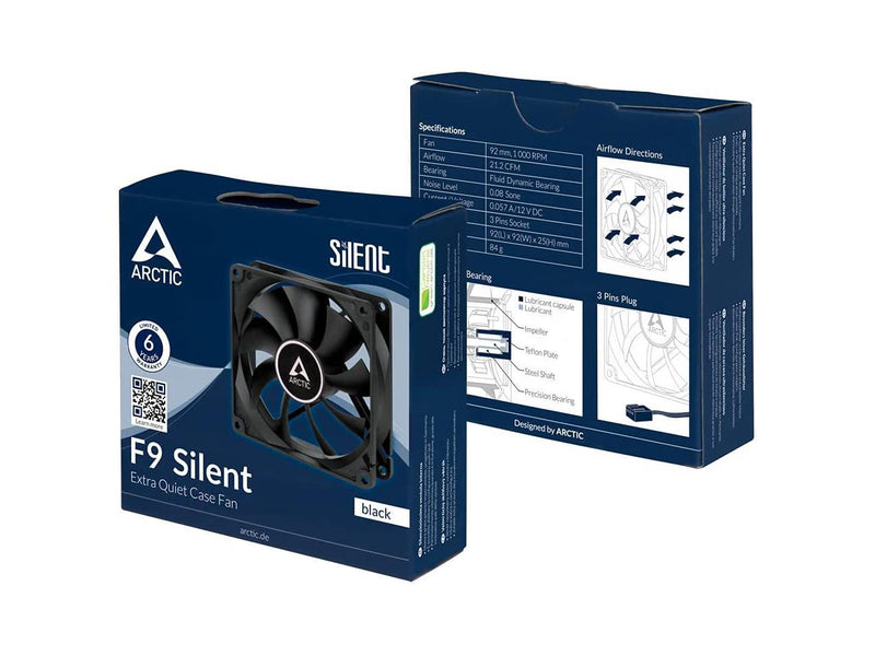 ARCTIC 92 mm F9 Silent Case Fan Very quiet motor Computer Almost inaudible Push- or Pull Configuration Black Model ACFAN00211A