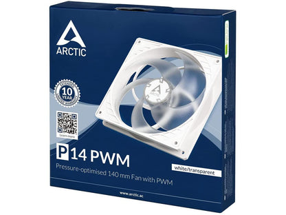 ARCTIC P14 PWM - 140 mm Case Fan with PWM, Pressure-optimised, Very Quiet Motor, Computer, Fan Speed: 200-1700 RPM - White/Transparent Model ACFAN00223A