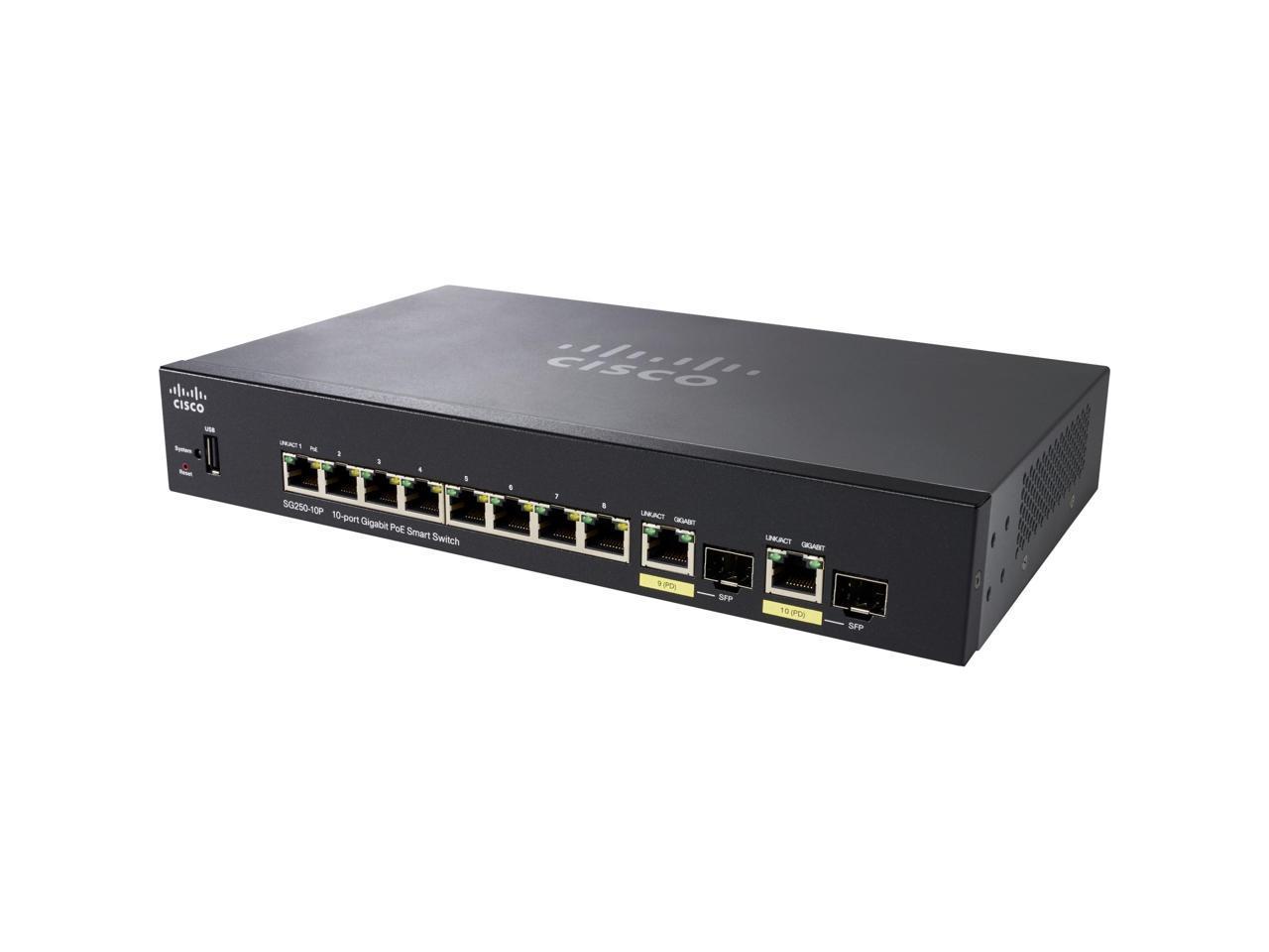 Cisco 10 Ports Gigabit PoE 2 Layer Supported Manageable Smart Switch Model SG250-10P-K9-NA