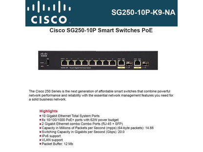 Cisco 10 Ports Gigabit PoE 2 Layer Supported Manageable Smart Switch Model SG250-10P-K9-NA