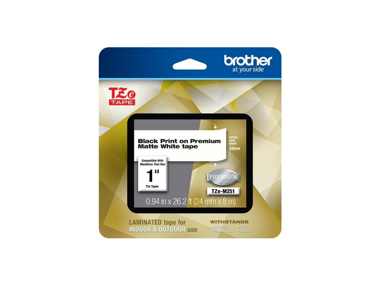 Brother TZeM251 Black Print on Premium Matte White Laminated Tape for P-touch Label Maker, 24.00 mm (0.94â€?) wide x 8.00 m (26.2 ft.) long