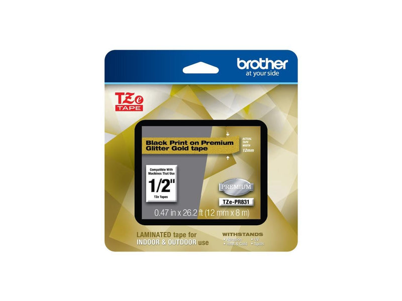 Brother TZePR831 Black Print on Premium Glitter Gold Laminated Tape for P-touch Label Maker, 12mm (0.47â€?) wide x 8m (26.2') long
