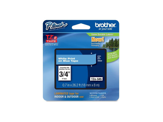 Brother P-Touch TZE-545 TZ Standard Adhesive Laminated Labeling Tape, 3/4w, White on Blue