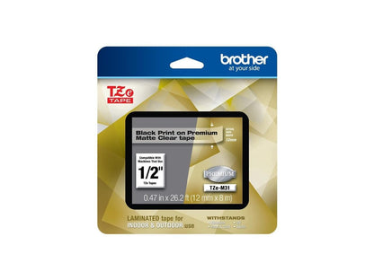 Brother TZeM31 Black Print on Premium Matte Clear Laminated Tape for P-touch Label Maker, 12.00 mm (0.47â€?) wide x 8.00 m (26.20 ft.) long