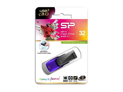 Silicon Power 32GB Blaze B31 Swivel Cap USB 3.0 Flash Drive Color Black/Purple Edition Model SP032GBUF3B31V1U