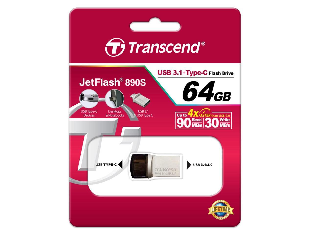 64GB Transcend JetFlash 890S OTG Flash Drive with USB3.1 and USB Type-C Connectors