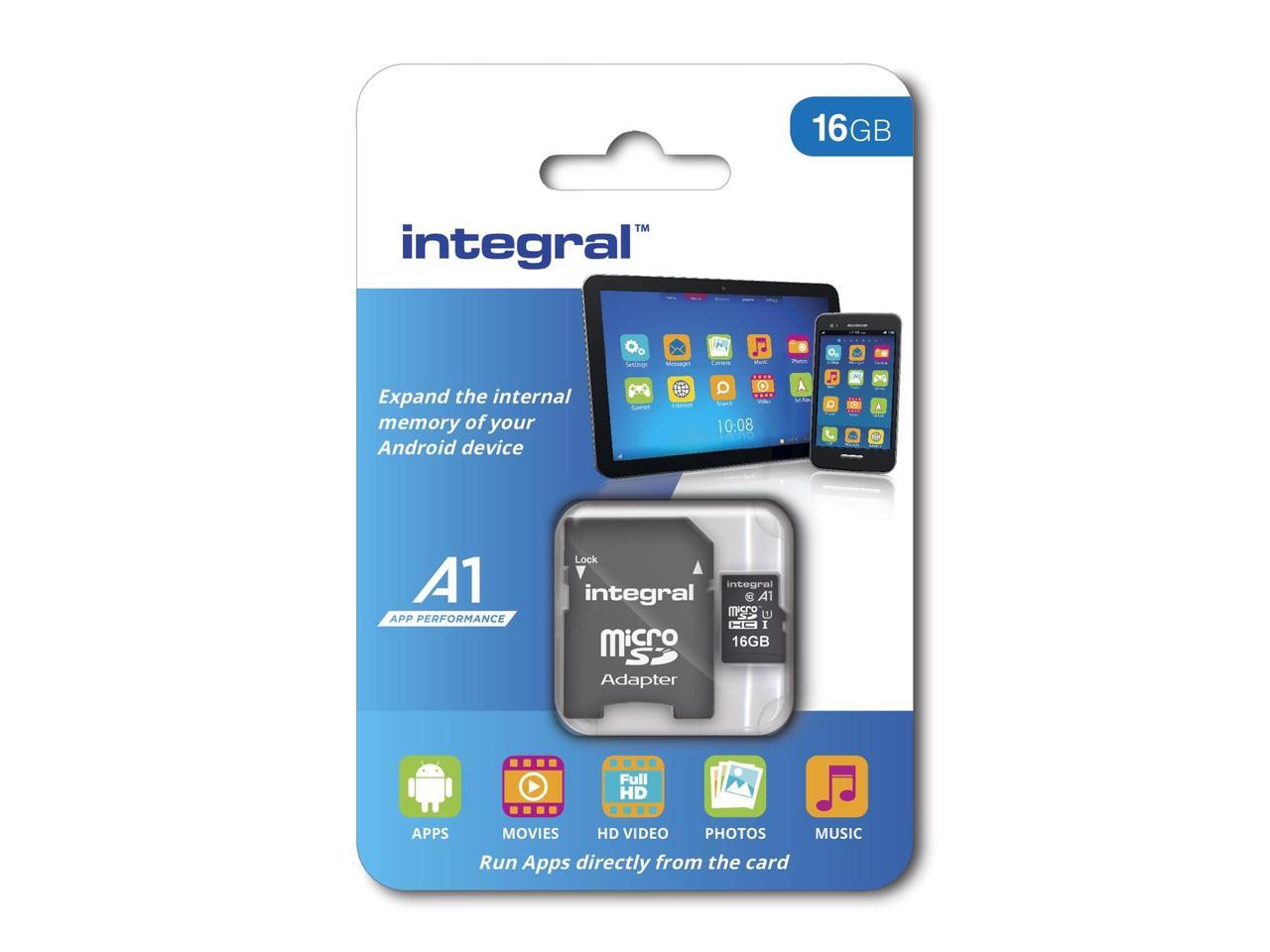 Integral 16GB A1 App Performance microSDHC CL10/UHS-I for Android Tablets/Phones Memory Card Model INMSDH16G10-A1
