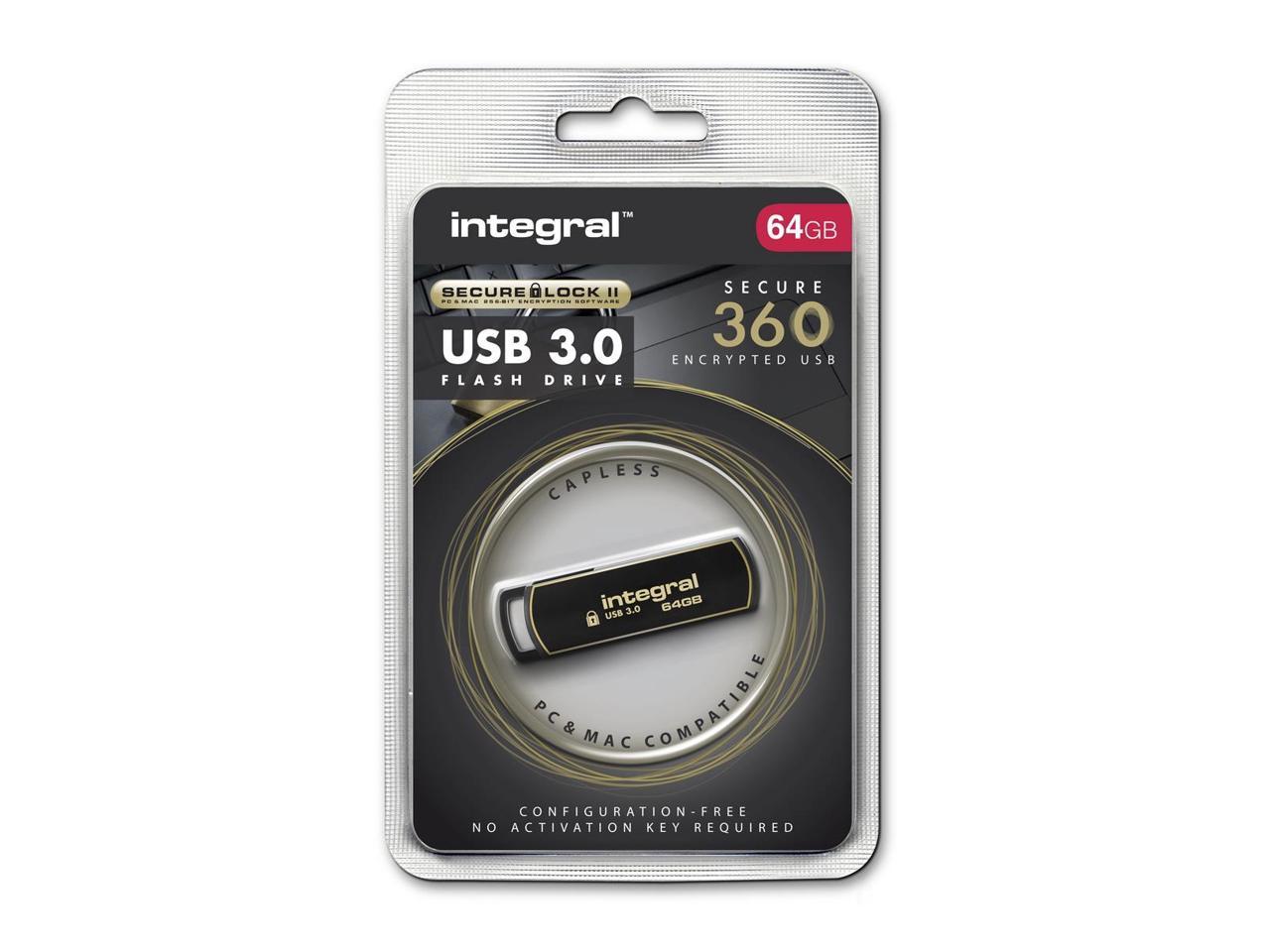 Integral 64GB Secure 360 Encrypted 256-bit AES Encryption USB3.0 Flash Drive Model INFD64GB360SEC3.0