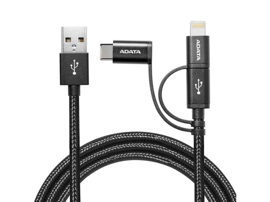 AData 3-in-1 Lightning / micro USB / USB-C Durable Braided Cable - 100cm Black