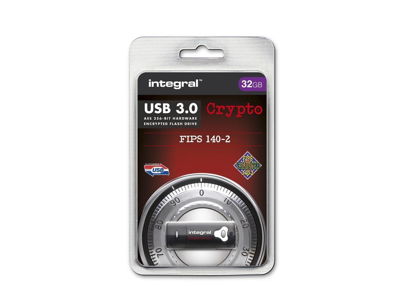 32GB Integral Drive FIPS 140-2 Encrypted USB3.0 Flash Drive (256-bit Hardware Encryption)