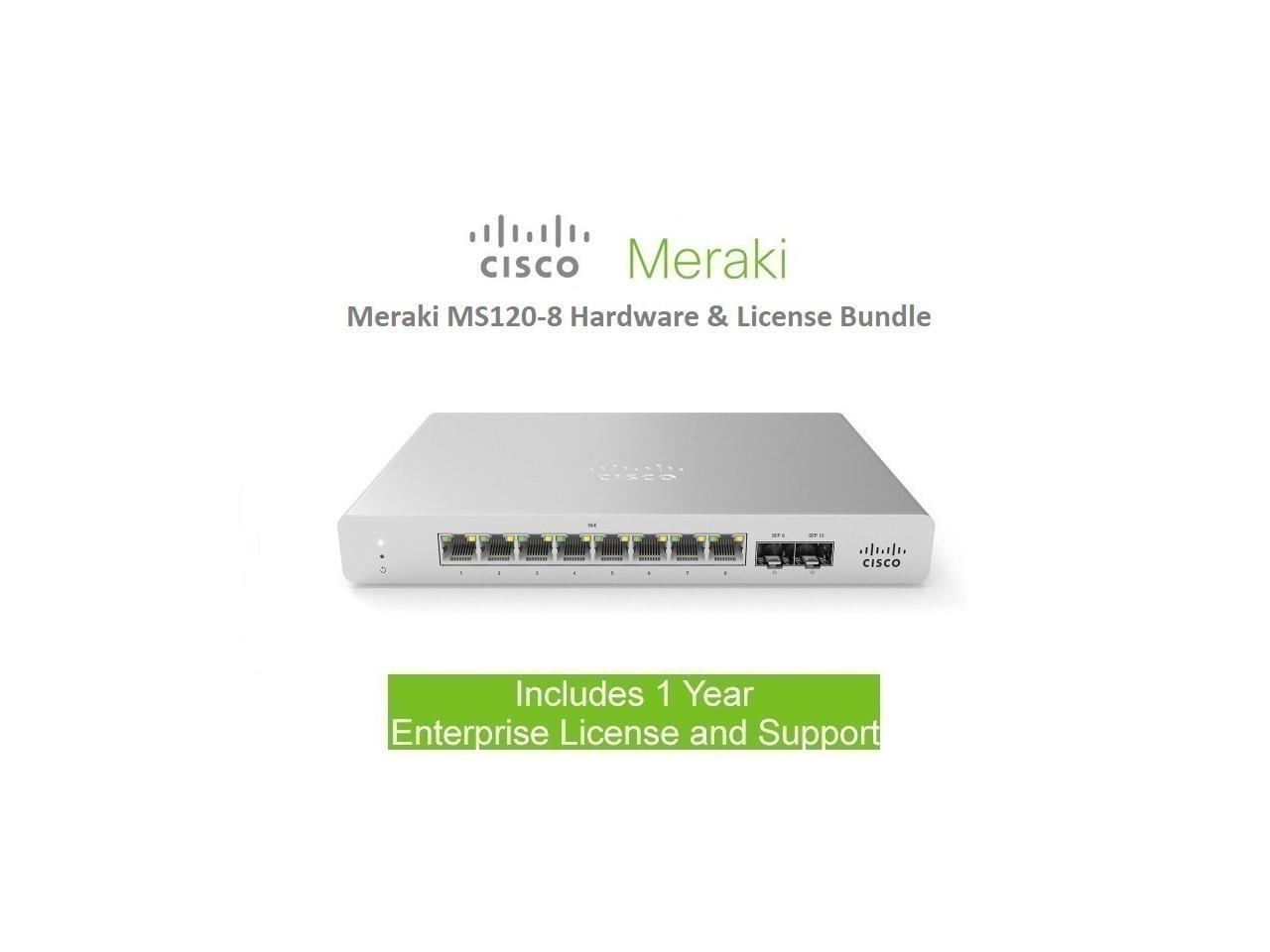 Cisco Meraki MS120-8 Switch 8 Port Gigabit Includes 1 Year Enterprise License