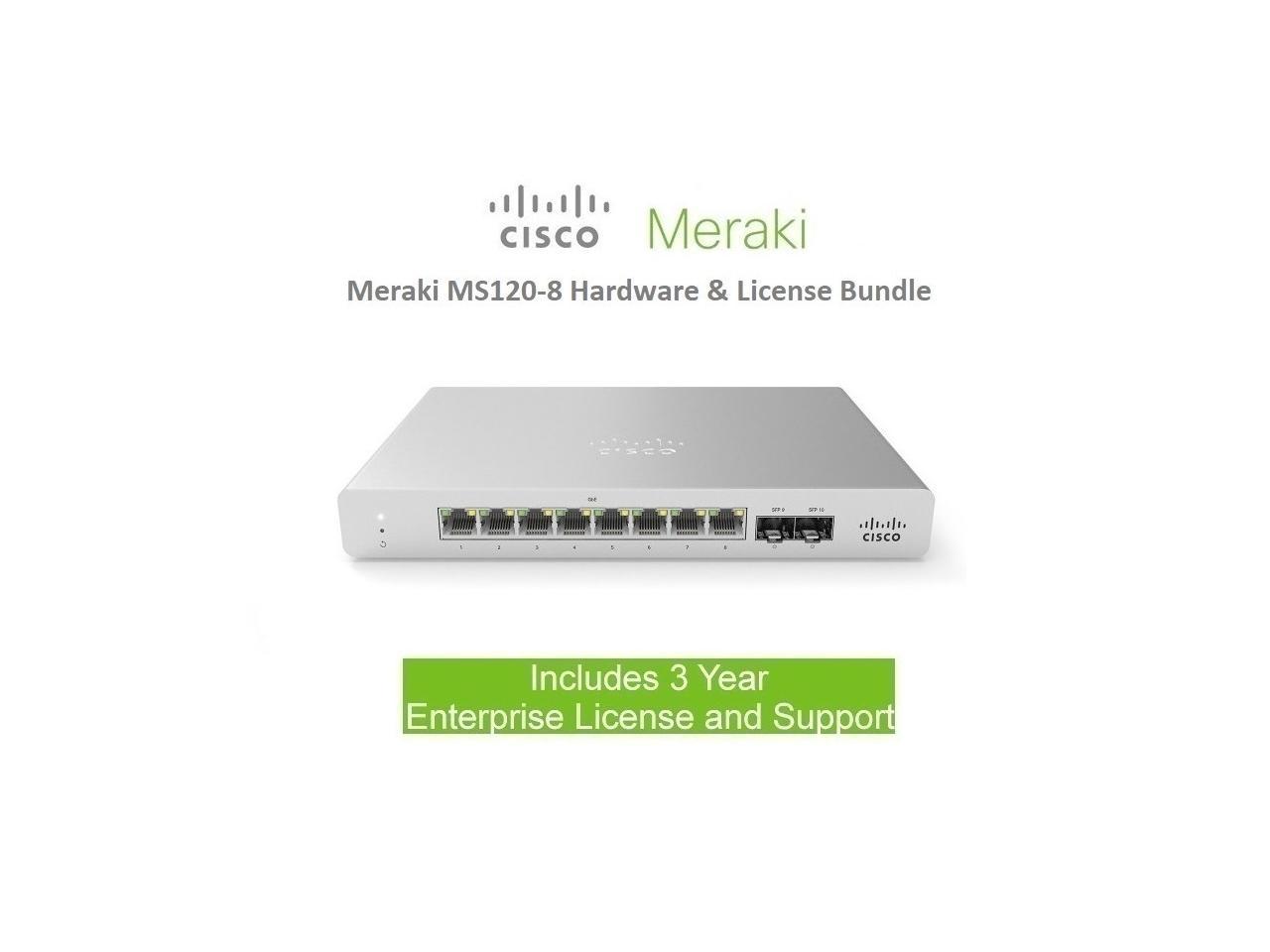 Cisco Meraki MS120-8 Switch 8 Port Gigabit Includes 3 Year Enterprise License