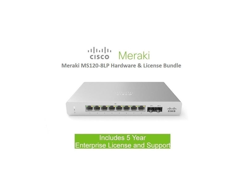 Cisco Meraki MS120-8LP 8 Port Gigabit Switch Includes 5 Year Enterprise License